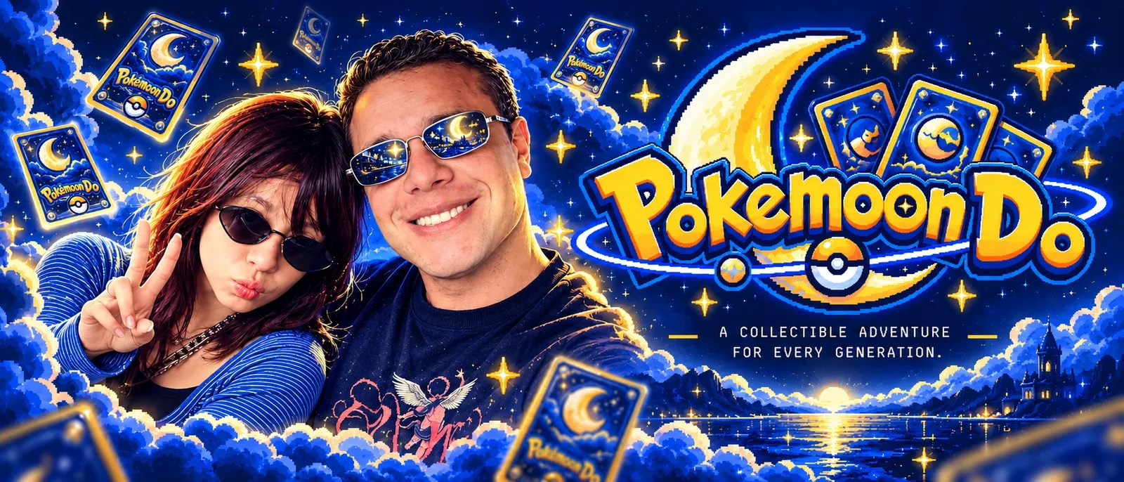 Pai e filha do Pokemoon Do sob a lua, cercados de cartas